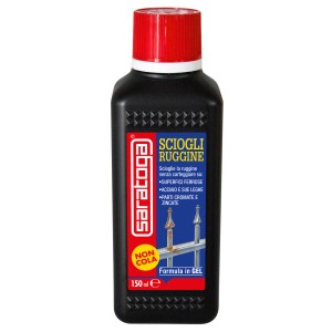 Saratoga sciogli ruggine in gel, flacone da 150ml con tappo rosso.