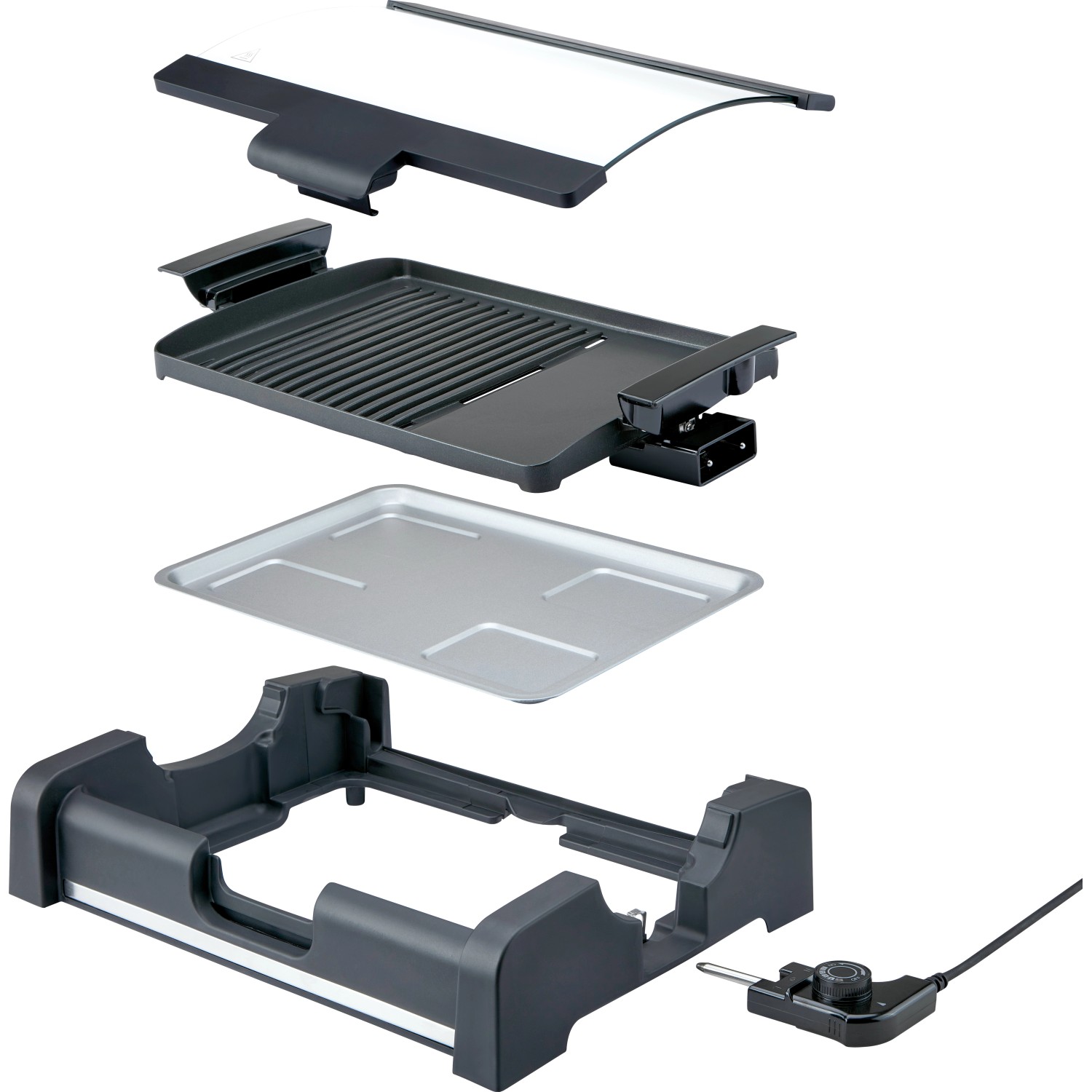 Griglia elettrica da tavolo Ottawa, smontata: griglia, vaschetta raccogli grasso, cappa in vetro e base per grigliare senza fumo.