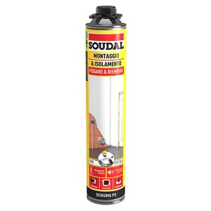 Bomboletta di schiuma poliuretanica Soudal per montaggio e isolamento.