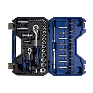 Set di chiavi a bussola LUX STS-59 Comfort, 59 pezzi in valigetta blu, cricchetti, inserti e bussole.