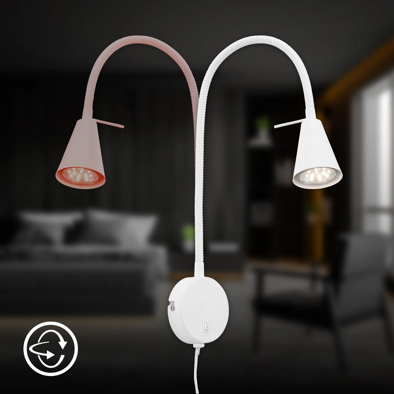 Lampada da letto a LED Briloner Tusa bianca con braccio flessibile orientabile e luce bianca calda.