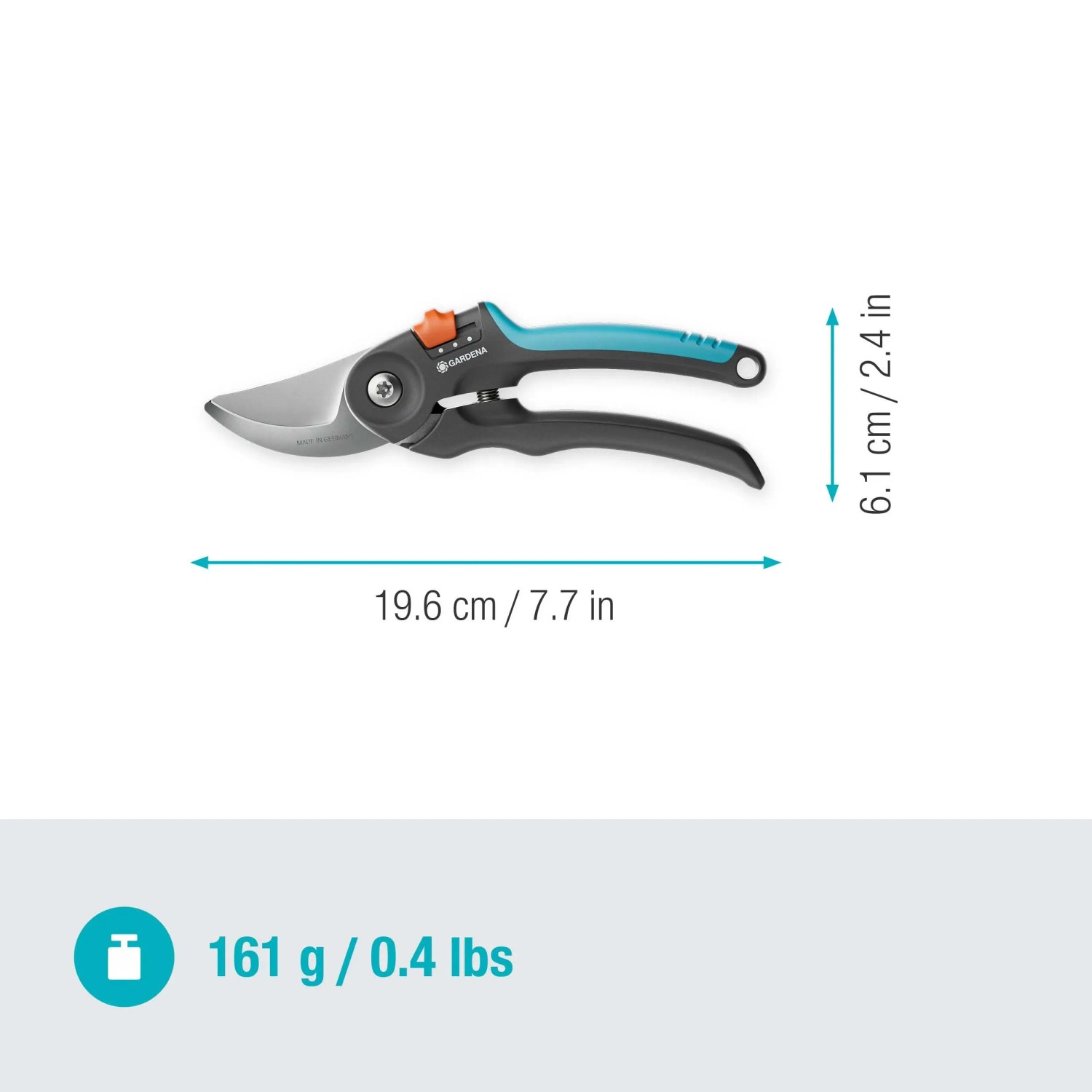 Cesoie bypass Gardena PremiumCut Flex per legno verde, con manico blu e nero e dimensioni.