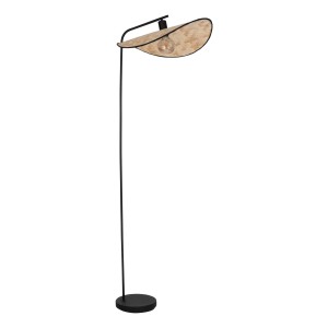 Elegante lampada da terra di design con paralume beige e struttura nera.