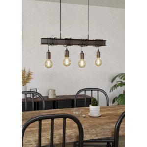 Lampada a sospensione Eglo Townshend a 4 luci in marrone antico e nero sopra il tavolo da pranzo.