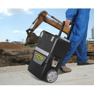 Officina mobile nera Stanley 1-93-968 con manico telescopico e ruota grande.