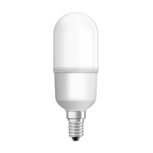 Lampadina LED E14, t.b.t., a forma allungata con bulbo trasparente.