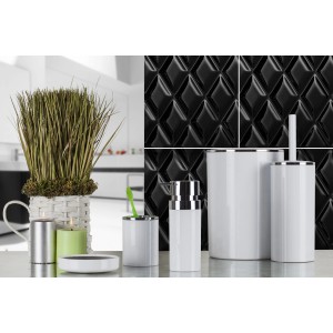 Set di accessori bagno t.b.t. con dispenser sapone, bicchiere, set WC e pattumiera.