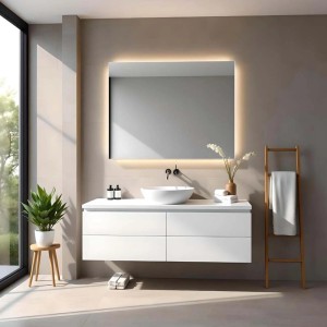 Bagno con specchio da parete rettangolare illuminato. Lavabo e mobiletto bianco.