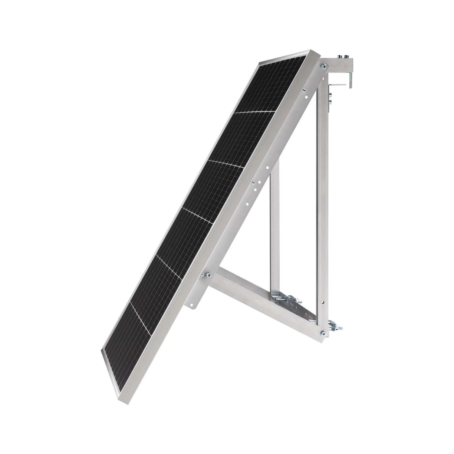 Pannello solare da balcone con telaio argento per montaggio su ringhiera.
