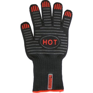 Guanto da barbecue nero con inserti in silicone antiscivolo, resistente al calore.