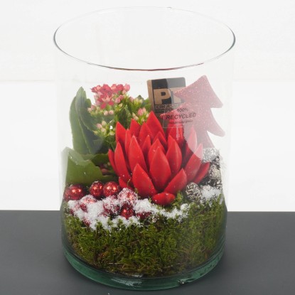 Composizione rossa in vaso cilindrico di vetro Ø cm 15