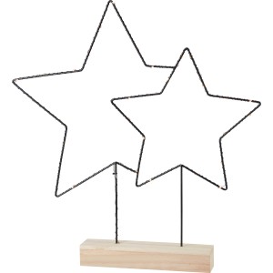 Luce decorativa a forma di stella per interni, due stelle su base in legno, con LED bianco caldo.