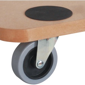 Dettaglio di una tavola di trasporto in MDF con rotella e protezione, portata max 200 kg.