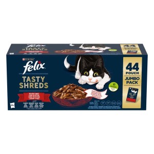 Felix Tasty Shreds cibo umido per gatti, confezione jumbo con 44 buste. Alimento umido per gatti.
