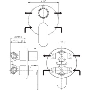 Disegno tecnico per rubinetto doccia t.b.t. con dimensioni.