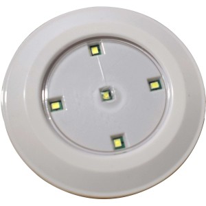 Luce LED rotonda bianca per la sicurezza dei bambini, vista ravvicinata.