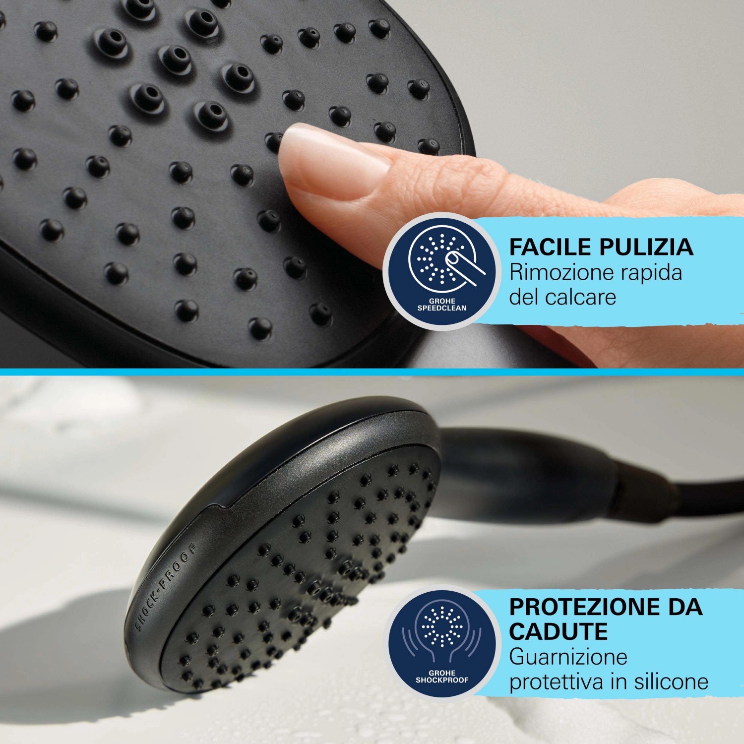 Dettaglio: Doccetta Grohe nera con funzione anticalcare e protezione anticaduta del sistema doccia Vitalio Start.