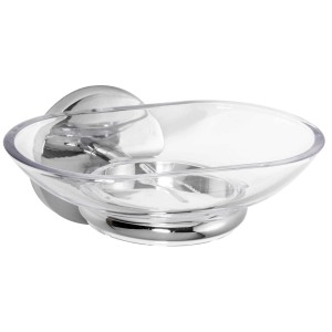 Dispenser sapone t.b.t. trasparente con supporto a parete cromato.