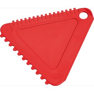 Raschiaghiaccio triangolare rosso con bordo seghettato per pulire i finestrini dell'auto.
