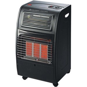 Stufa a gas t.b.t. nera con ruote e griglia di riscaldamento.