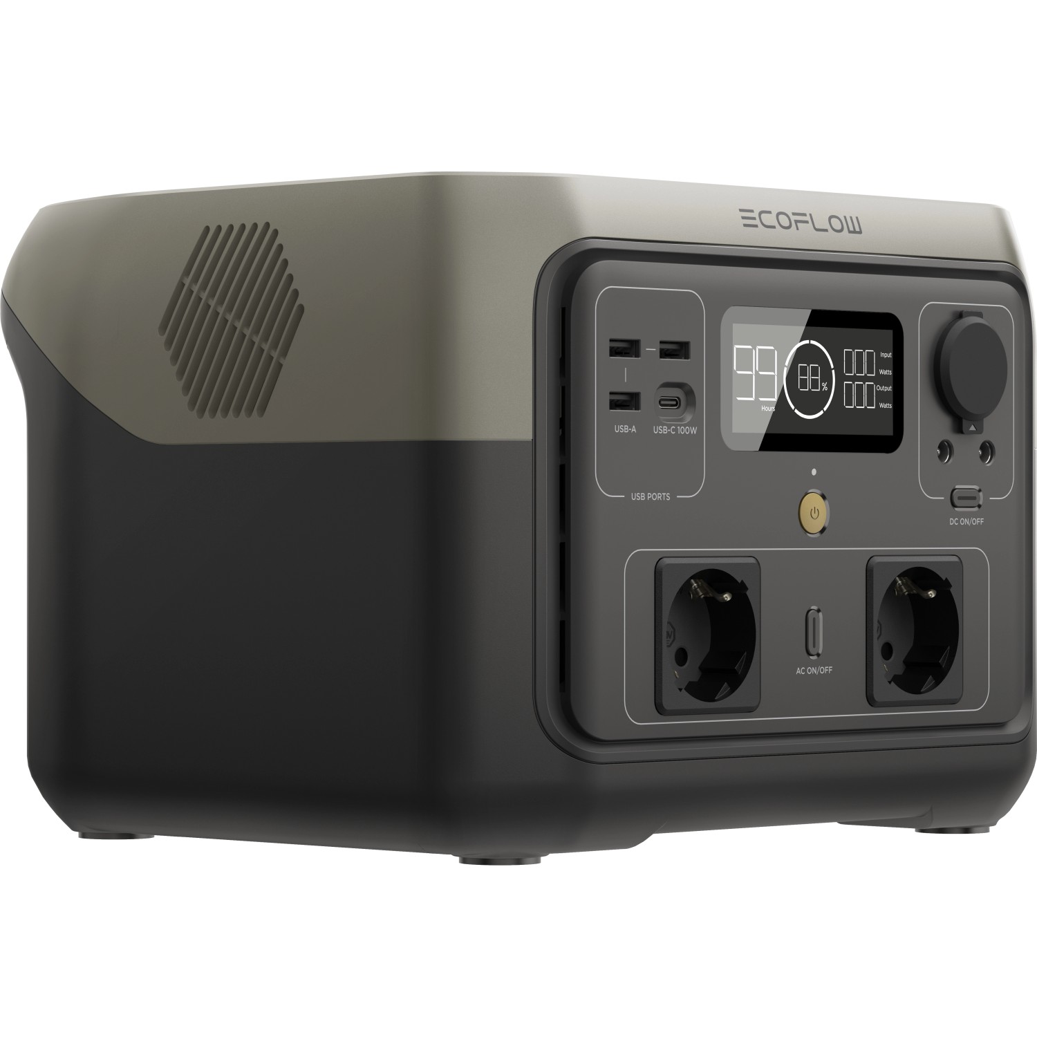 EcoFlow River 2 Max Power Station con capacità batteria 512 Wh, porte e display.