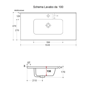 Disegno tecnico del lavabo singolo t.b.t. con dimensioni.