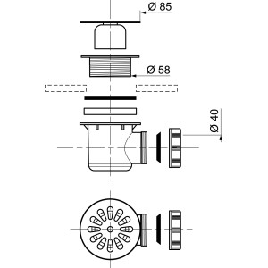 Disegno tecnico di un sifone doccia con dimensioni.