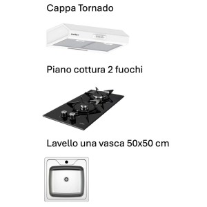 Set cucina: cappa aspirante, piano cottura a 2 fuochi, lavello 50x50 cm per una cucina completa.