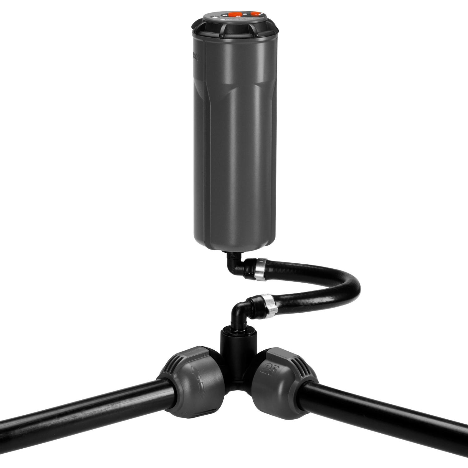 Raccordo a gomito Gardena per sistemi di irrigazione, filettatura maschio 25 mm x 19 mm, per montaggio ad angolo.
