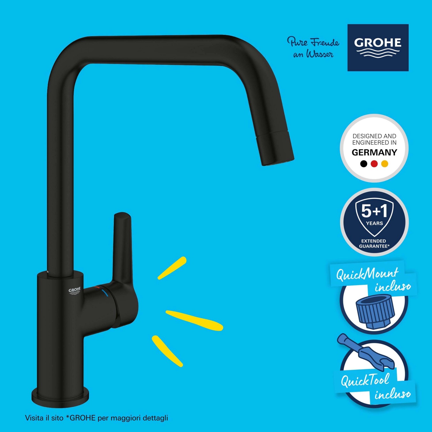 Miscelatore monocomando per lavello Grohe QuickFix Start, nero, bocca alta per montaggio a foro singolo.