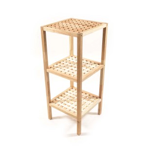 Scaffale in legno a tre ripiani per bagno o soggiorno.