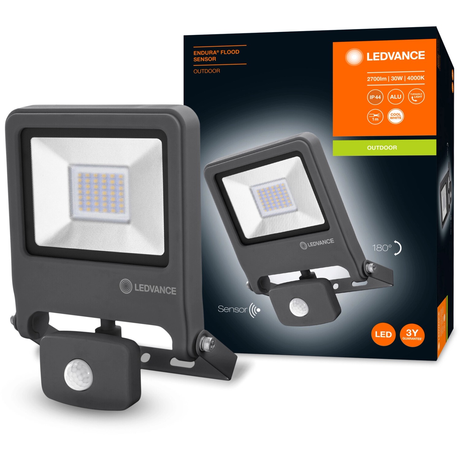 Faretto LED da esterno Ledvance Endura Flood con sensore, 30W, grigio scuro.