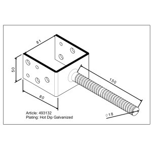 Disegno tecnico: Supporto per montante a U da cementare, larghezza 81 mm, altezza 80 mm, con tassello scanalato.