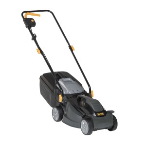 Tagliaerba elettrico grigio e nero con cesto di raccolta.