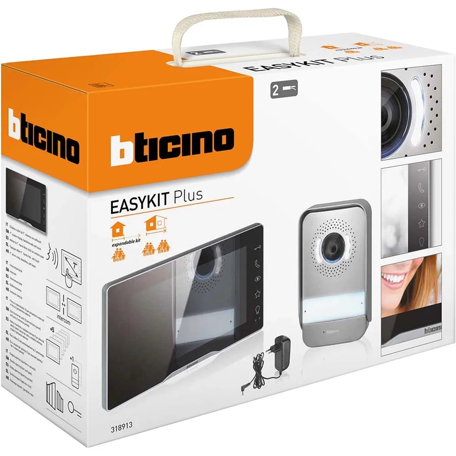 Set citofono t.b.t. in scatola con monitor, telecamera e alimentatore.