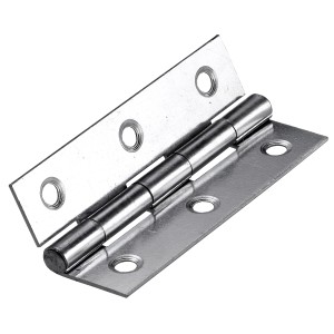 Cerniera per mobili in metallo, aperta, con fori di montaggio.