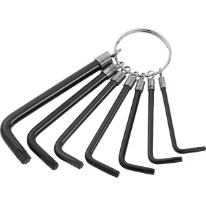 Set di chiavi Torx da 7 pezzi su portachiavi. Ideale per riparazioni su biciclette, casa e modellismo.