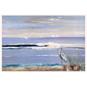 Quadro "t.b.t." categoria Quadri: Airone sulla spiaggia con mare e barche a vela.