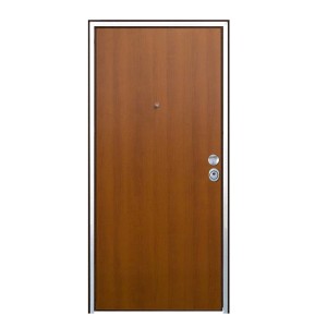 Porta blindata t.b.t. marrone con telaio argentato e spioncino.