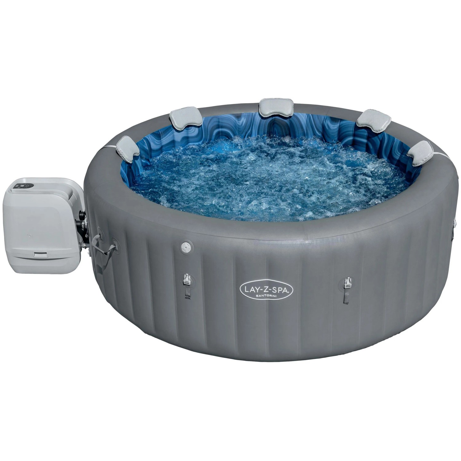 Bestway LAY-Z-SPA Santorini HydroJet Pro, vasca idromassaggio gonfiabile rotonda con esterno grigio e interno blu.