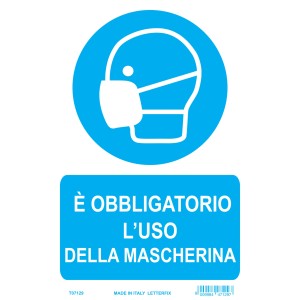 Cartello: Obbligo di mascherina. Pittogramma blu con viso e mascherina.