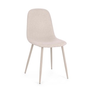 Sedia imbottita beige con gambe in metallo, ideale per sala da pranzo o ufficio.