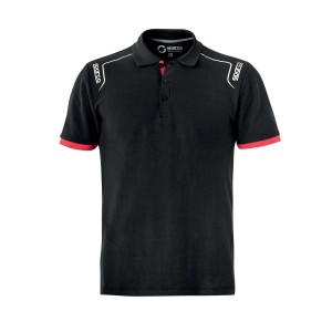 Polo t.b.t. nera per abbigliamento da lavoro con polsini rossi e dettagli bianchi.