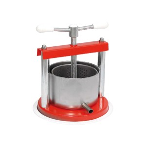 Pressa per frutta con telaio rosso e contenitore in acciaio inox per la produzione di succo.