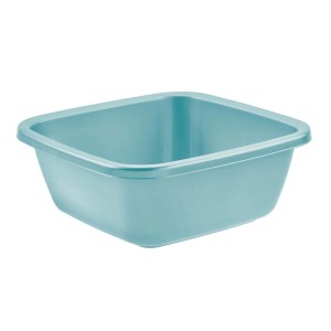Bacinella quadrata in plastica turchese per la pulizia.