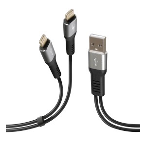 Cavo di ricarica t.b.t. con connettore USB e Lightning per interni auto.