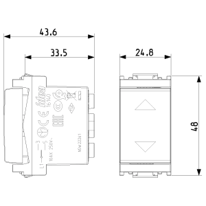 Disegno tecnico di un interruttore t.b.t con dimensioni.