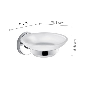 Dispenser sapone a muro con vassoio in vetro satinato e supporto cromato, dimensioni indicate.