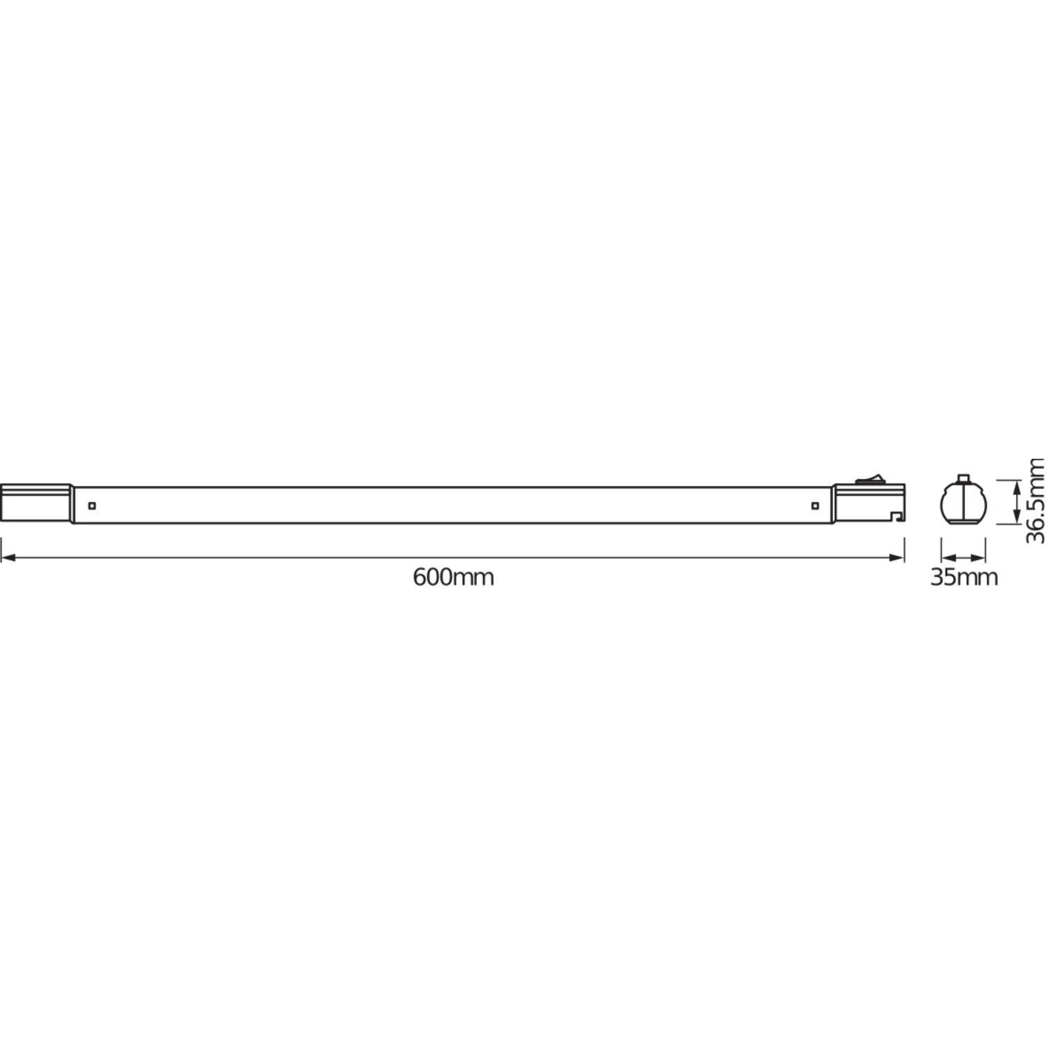 Disegno tecnico della lampada sottopensile a LED Ledvance TubeKit, 60cm, con dimensioni.