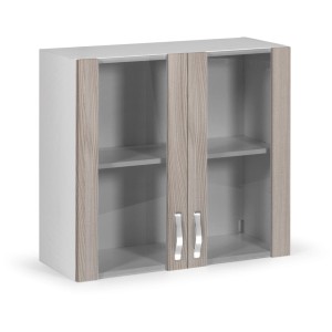 Pensile con due ante in bianco e effetto legno, categoria Vetrine.